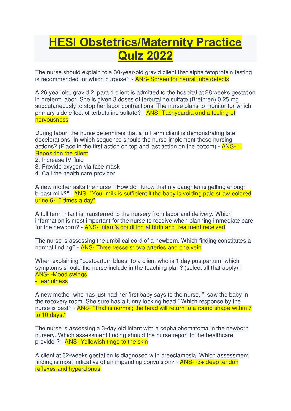 Preview image for HESI Obstetrics/Maternity Practice  Quiz 2022